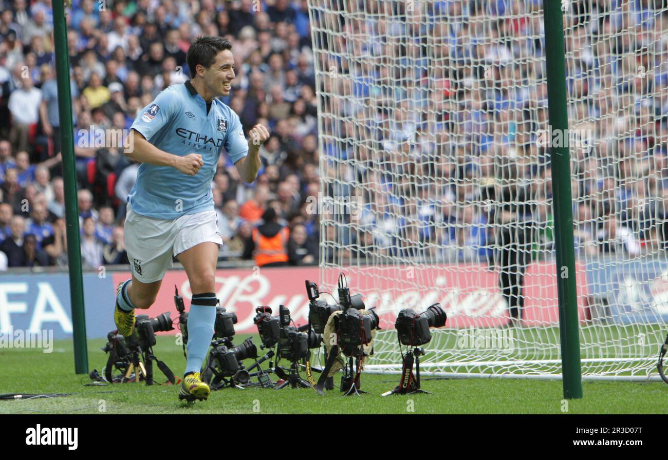 Samir Nasri de Manchester City célèbre le but d'ouverture. Manchester City bat Chelsea 1:0Chelsea 14/04/13 Chelsea V Manchester City Banque D'Images