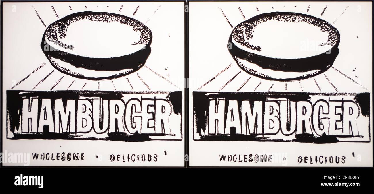 Hamburger, Andy Warhol, peinture acrylique et sérigraphie sur 2 toiles, 1985-86. En exposition à Tate Modern, Londres, Royaume-Uni Banque D'Images