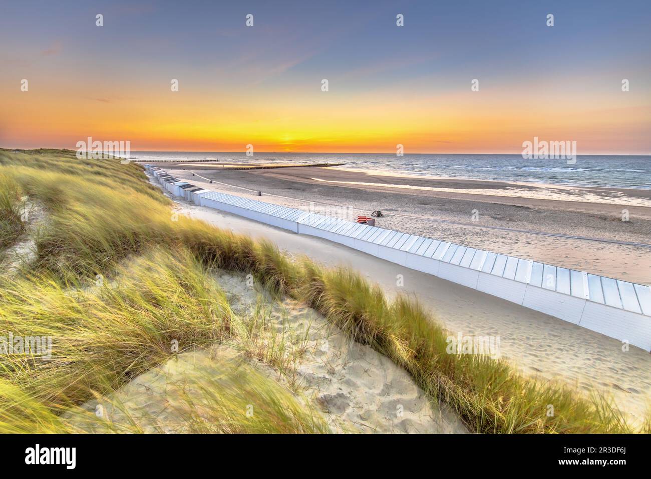 Maisons de plage sur la plage de Westkapelle vue depuis les dunes de Zeeland au coucher du soleil, pays-Bas. Paysage scène de la nature en Europe. Banque D'Images Maisons de plage sur la plage de Westkapelle vue depuis les dunes de Zeeland au coucher du soleil, pays-Bas. Paysage scène de la nature en Europe. Banque D'Images