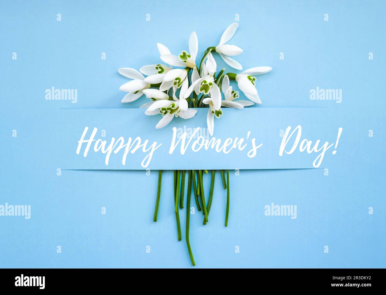 Carte de voeux à lettres Happy Womens Day. Chute de neige des fleurs printanières. Beau bouquet de fleurs tendre. Concept de vacances Banque D'Images