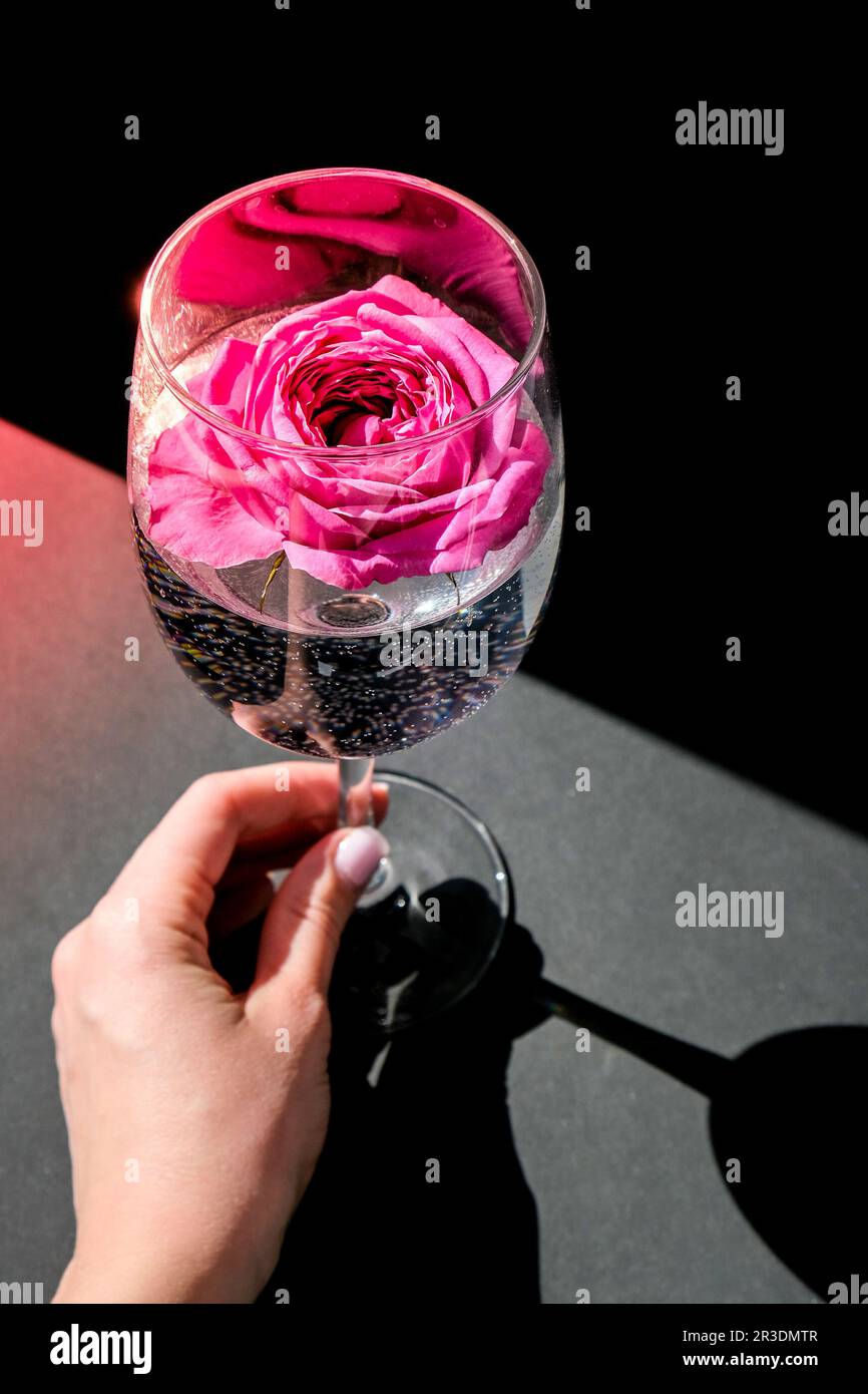 Verre à vin rempli de fleur rose pétalson table avec noir. Une vie moderne et minimale. Concept de vacances Valentines ou womans da Banque D'Images