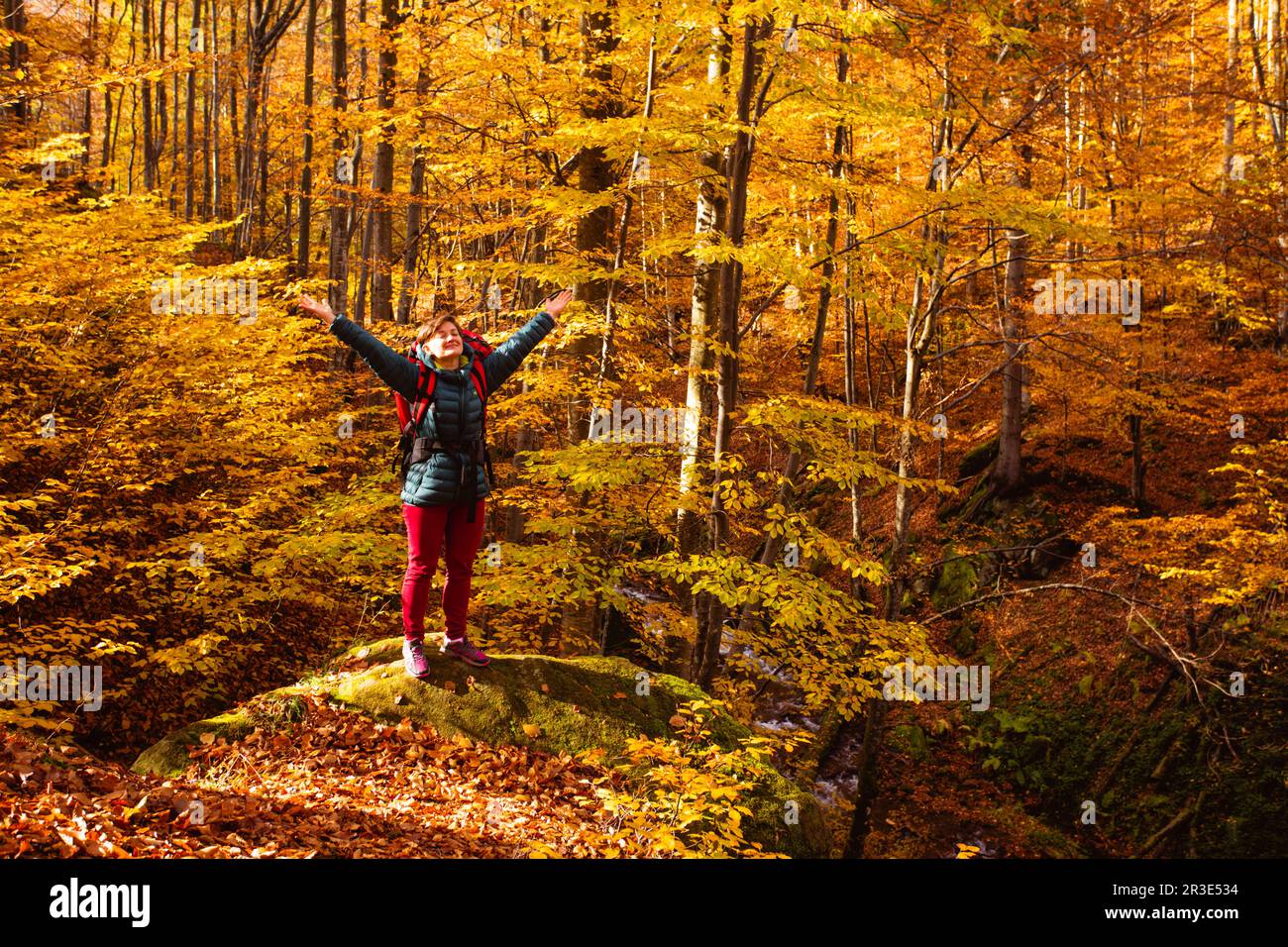 Femme est debout sur la grande pierre dans la forêt d'automne Banque D'Images