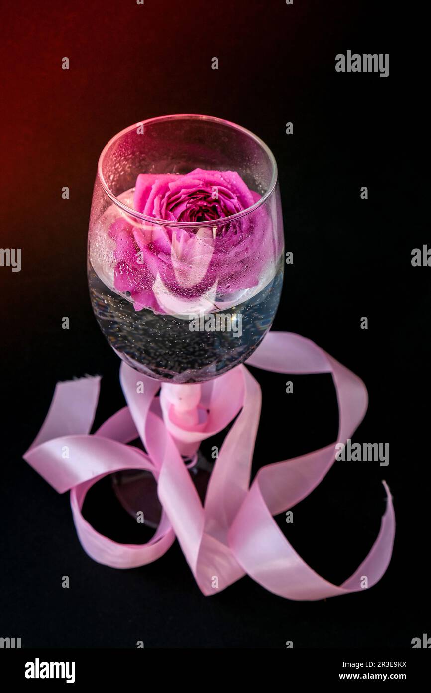 Verre à vin rempli de fleur rose pétalson table avec noir. Une vie moderne et minimale. Concept de vacances Valentines ou womans da Banque D'Images