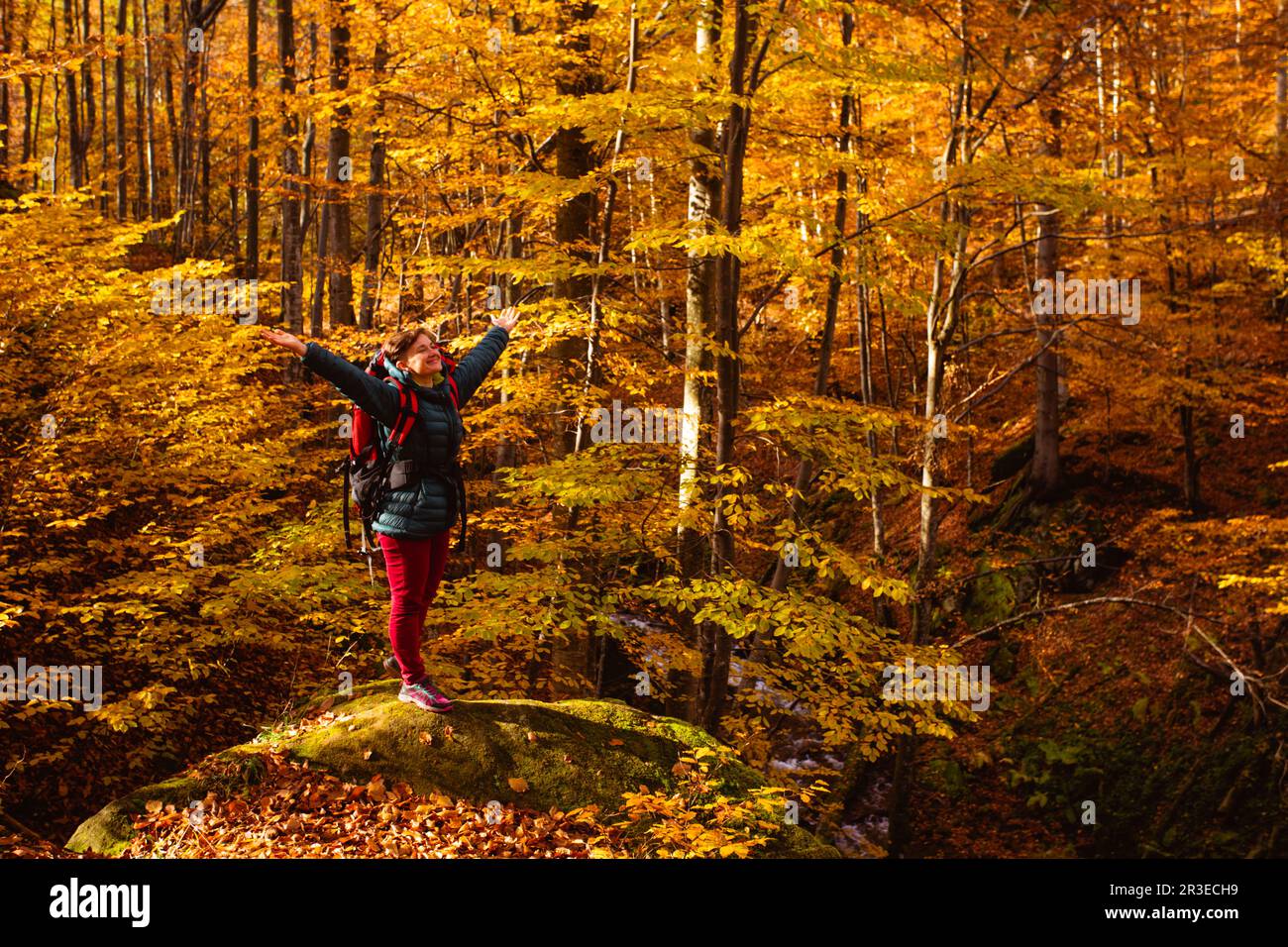 Femme est debout sur la grande pierre dans la forêt d'automne Banque D'Images