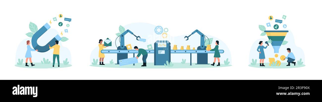 La stratégie de marketing numérique définit l'illustration vectorielle. Les gens de dessin animé minuscules travaillent sur le processus de conversion dans le convoyeur et l'entonnoir de vente, attirent des goûts, des suiveurs et des commentaires dans les médias sociaux avec MagNet Illustration de Vecteur