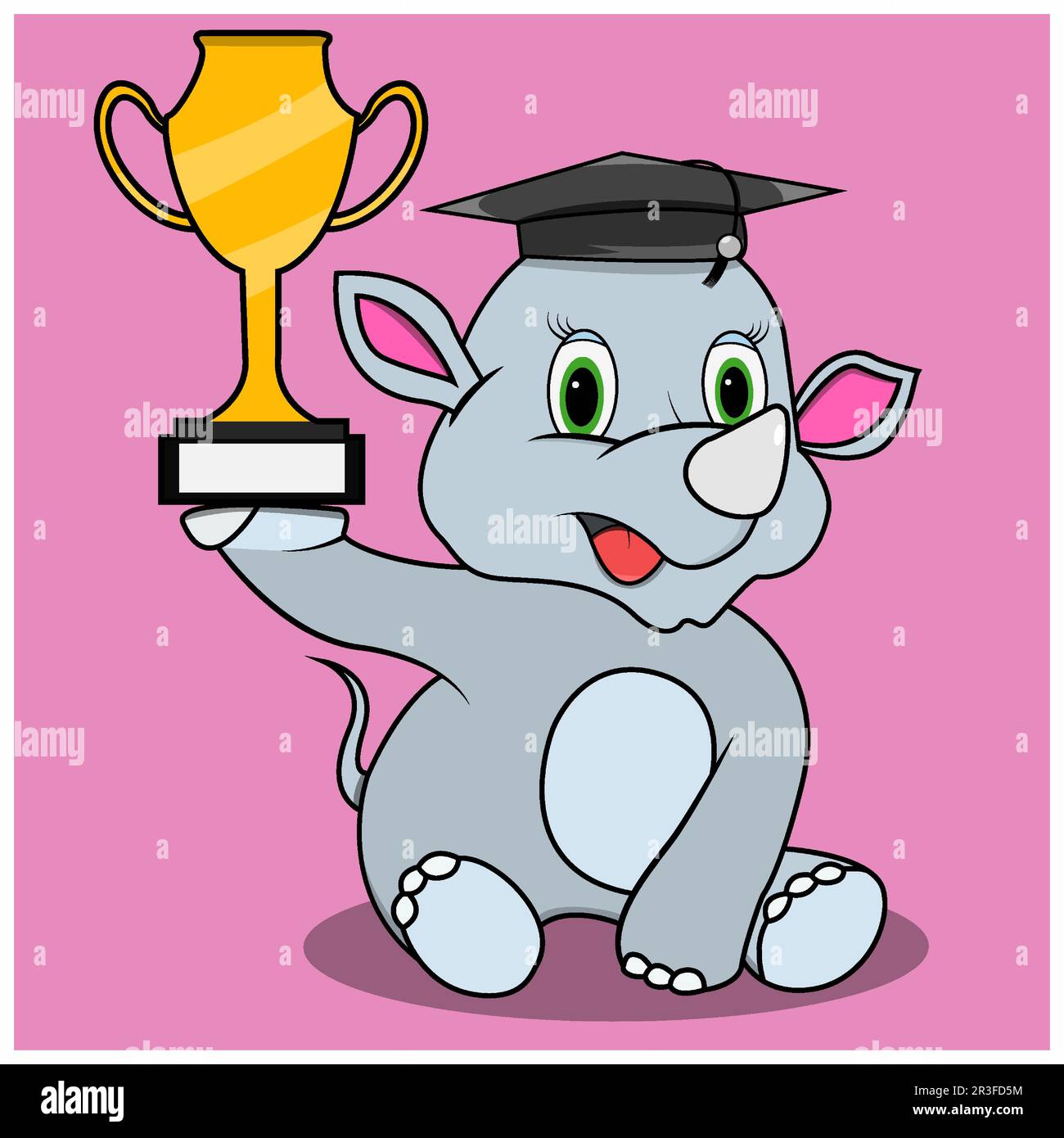 Personnage Rhinoceros Bring Trophy et chapeau diplômé, couleurs roses fond, mascotte, icône, personnage ou logo, Vecteur et illustration. Illustration de Vecteur