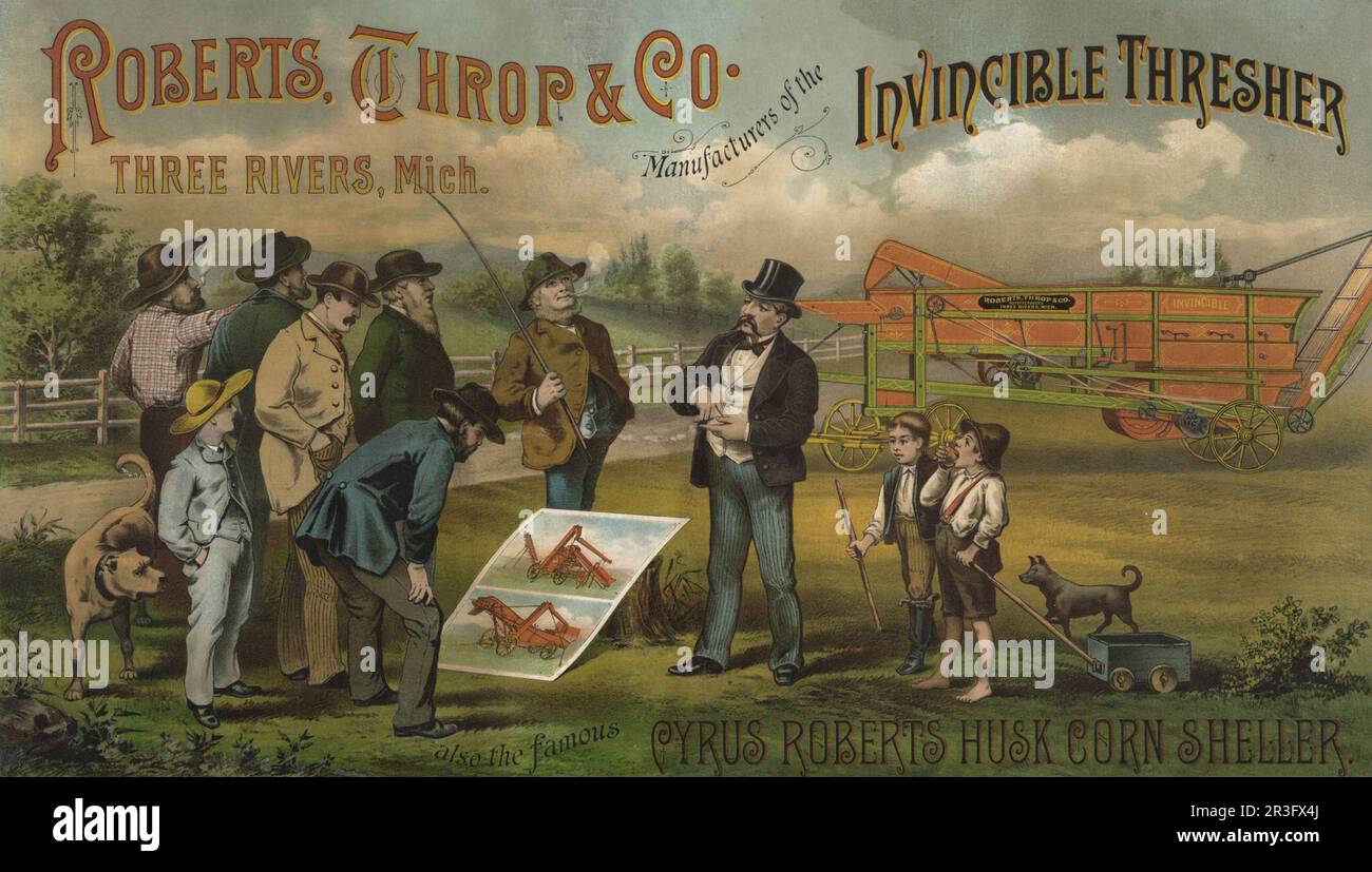 Publicité vintage d'un vendeur dans un champ avec des agriculteurs, vendant des machines agricoles par Roberts, Throp & Co Banque D'Images