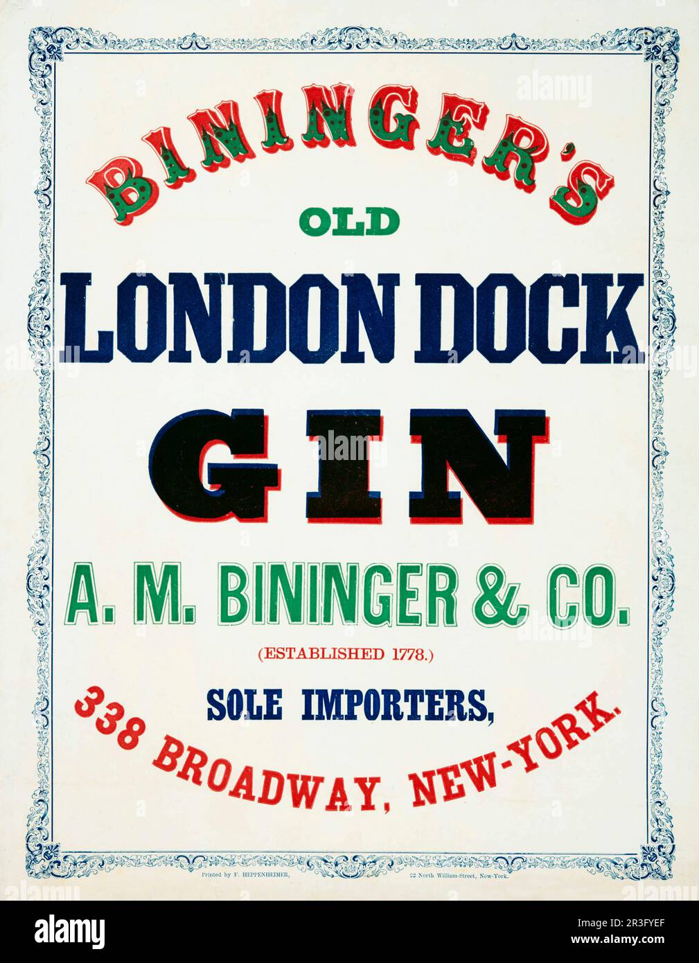 Publicité vintage pour le vieux gin de quai de Bininger, avec une bordure de scrollwork. Banque D'Images