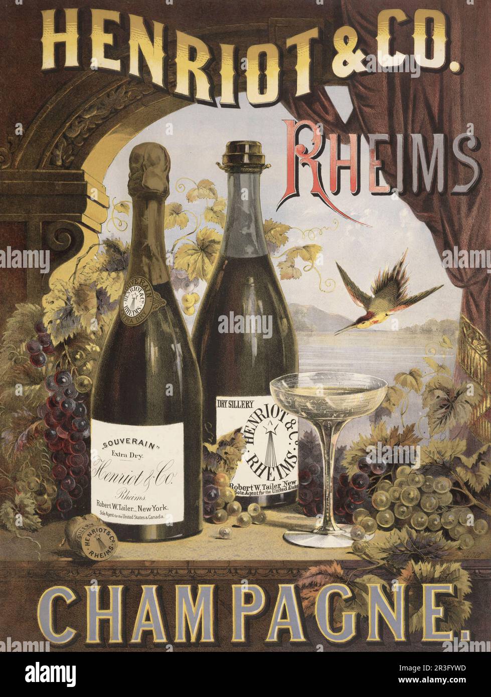 Publicité vintage pour Henriot & Co Champagne Reims avec coupe-vent et bouteilles de champagne sur une bordure de fenêtre. Banque D'Images