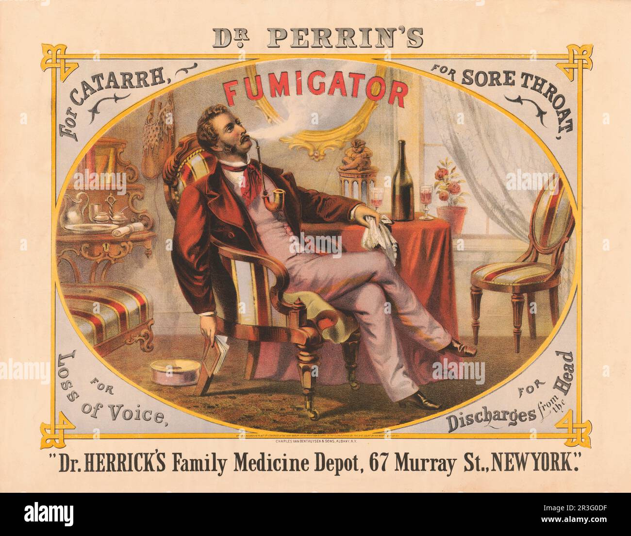 Publicité vintage pour le fumeligator du Dr Perrin, avec un homme assis dans un salon qui fume un long tuyau. Banque D'Images
