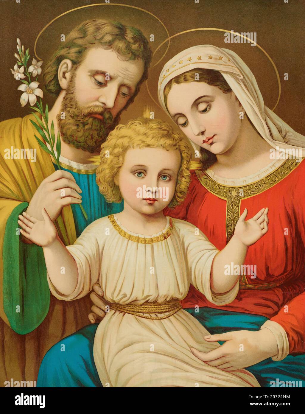 Portrait en demi-longueur de Sainte Marie et Saint Joseph avec le bébé Jésus-Christ. Banque D'Images