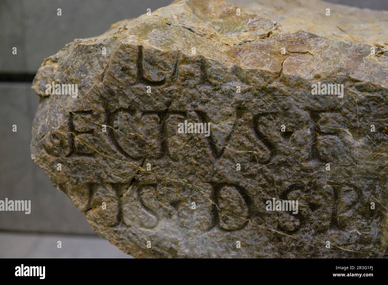 Lápida de piedra arenisca, 150-200 d.C, Museo arqueológico de Ibiza y Formentera, Patrimonio de la Humanidad «Ibiza, biodiversidad y cultura», Ibiza, Iles baléares, Espagne. Banque D'Images