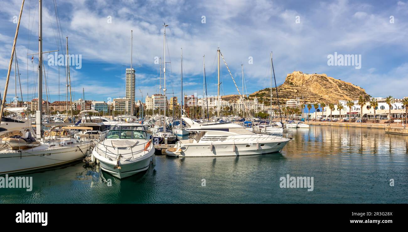 Alicante Port d'Alaquant Marina avec des bateaux et vue sur le château Castillo Voyage de vacances panorama de la ville en Espagne Banque D'Images