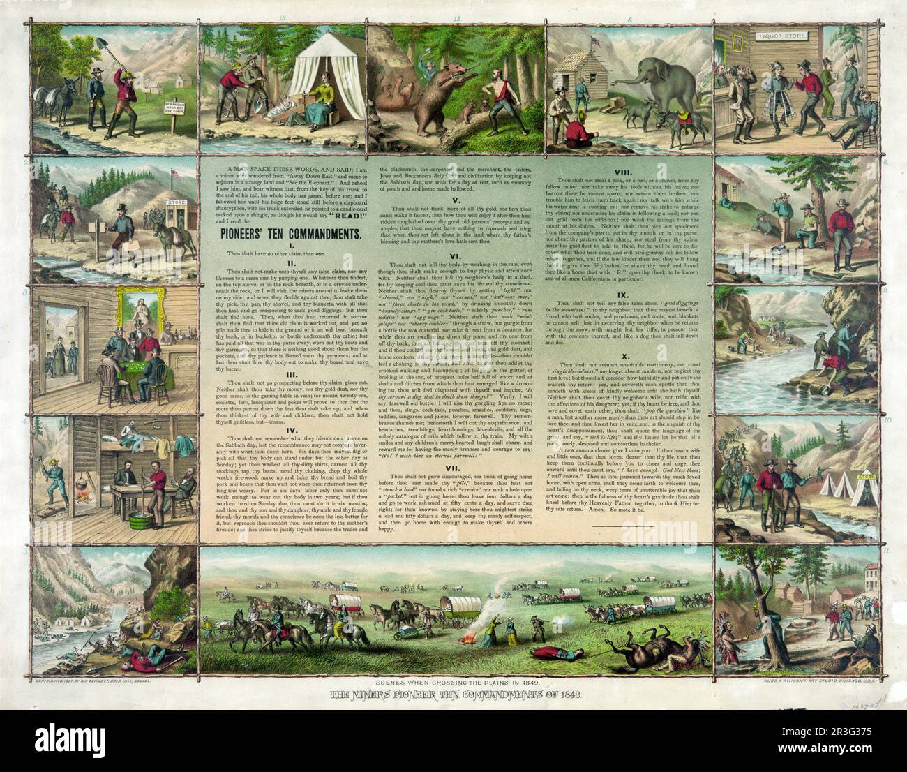 Le pionnier des mineurs dix Commandements de 1849. Banque D'Images