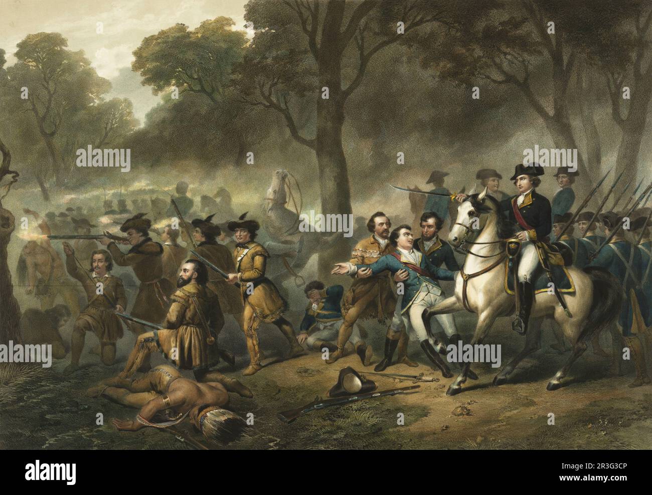 George Washington à cheval, les soldats se battent pendant la bataille de la Monongahela. Banque D'Images