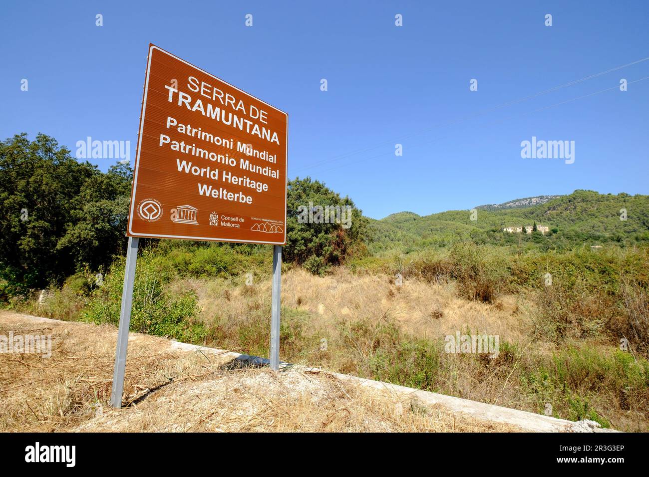 Cartel anunciando la sierra de Tramuntana, Patrimonio de la humanidad, Esporles, Majorque, Iles Baléares, Espagne, Europe. Banque D'Images