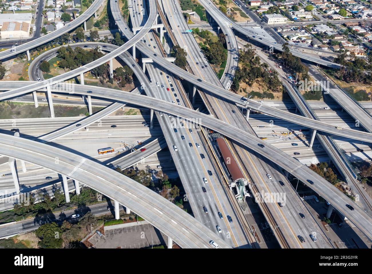 Intersection Century Harbour Freeway Highway America trafic routes vue aérienne à Los Angeles, Etats-Unis Banque D'Images
