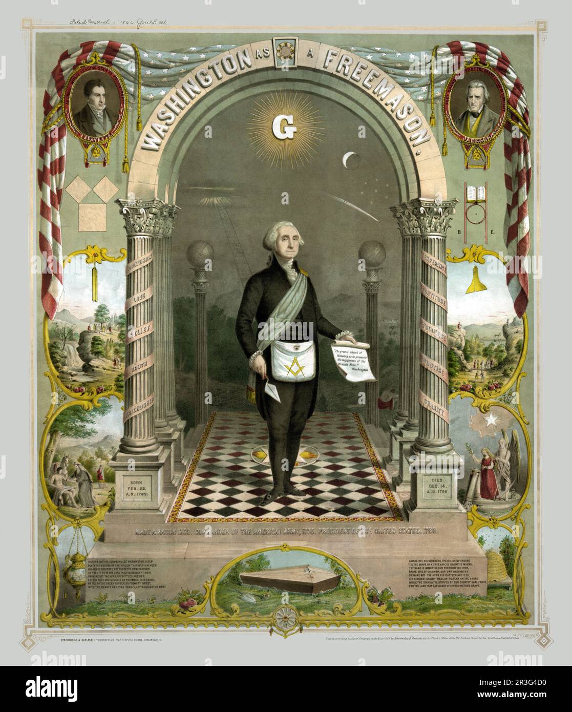 George Washington comme un freemason, en tenant le défilement et la truelle. Banque D'Images