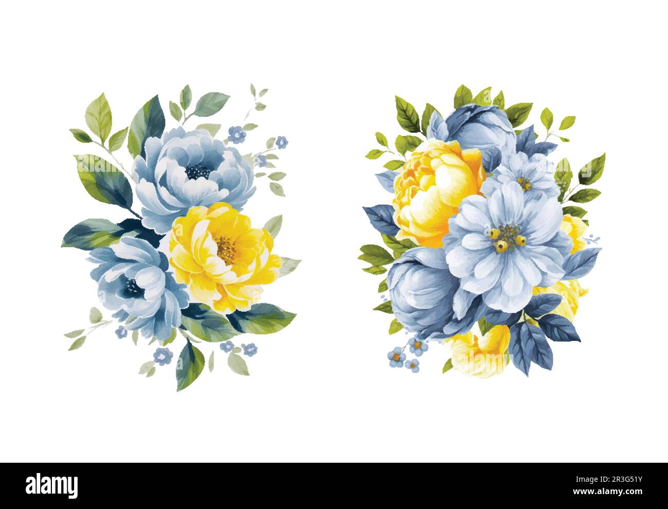 Ensemble de fleurs jaune et bleu aquarelle, vecteur vintage Illustration de Vecteur