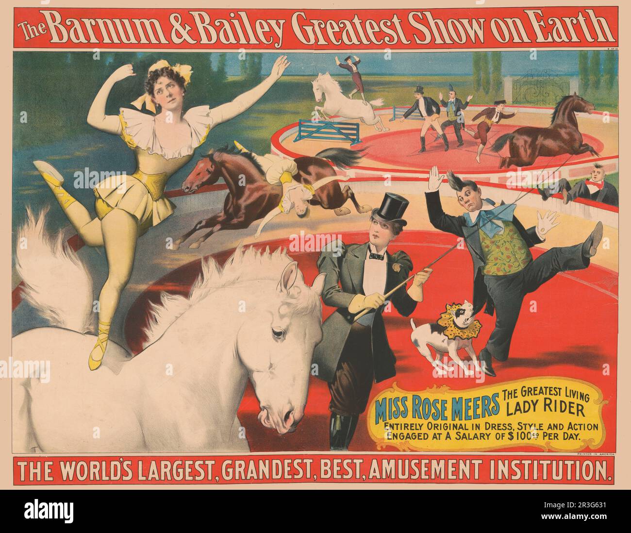 Affiche de cirque vintage Barnum & Bailey montrant Miss Rose Meers debout à cheval sur un pied. vers 1897. Banque D'Images