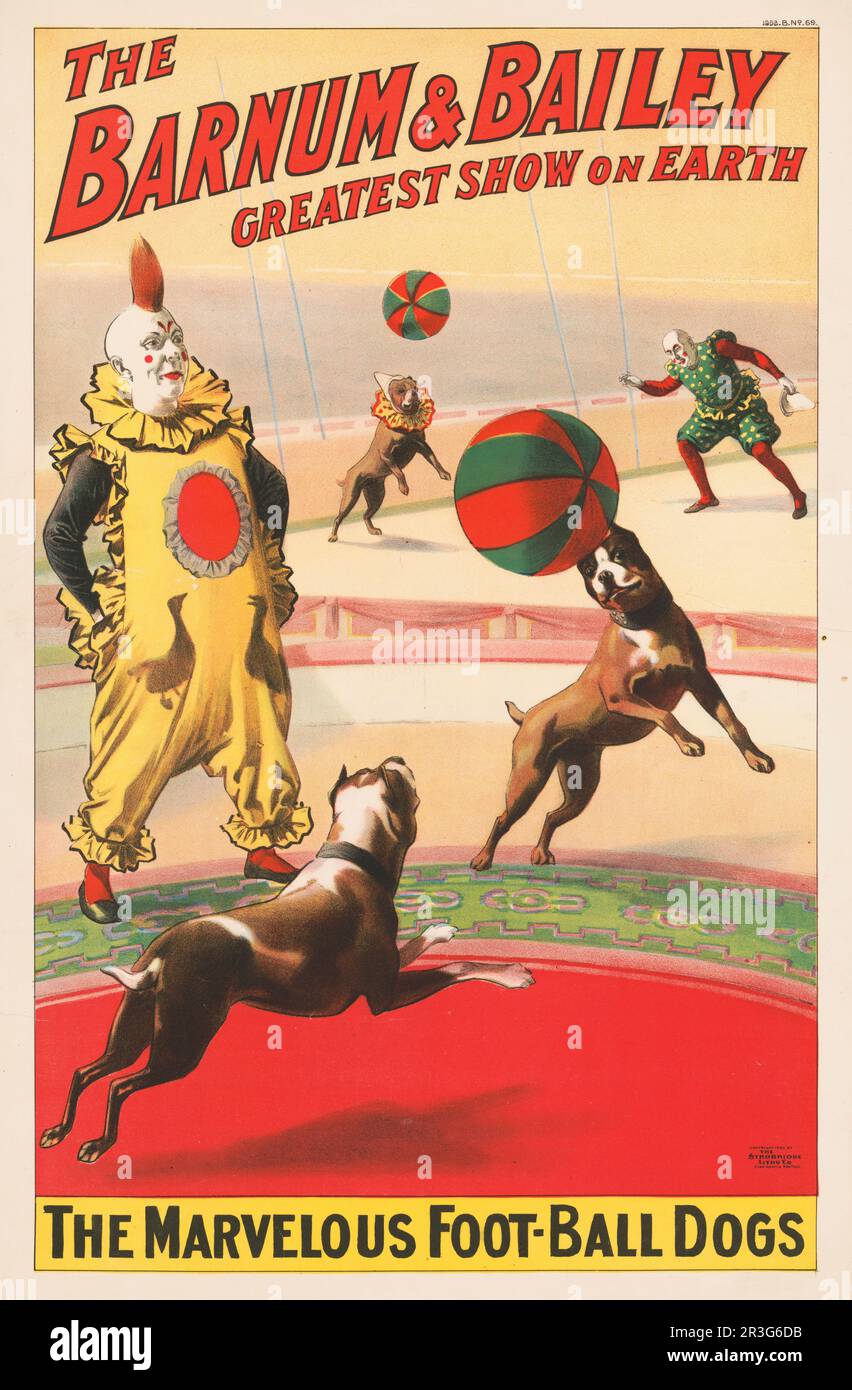 Affiche de cirque Barnum & Bailey vintage montrant des clowns avec des chiens de spectacle, vers 1900. Banque D'Images