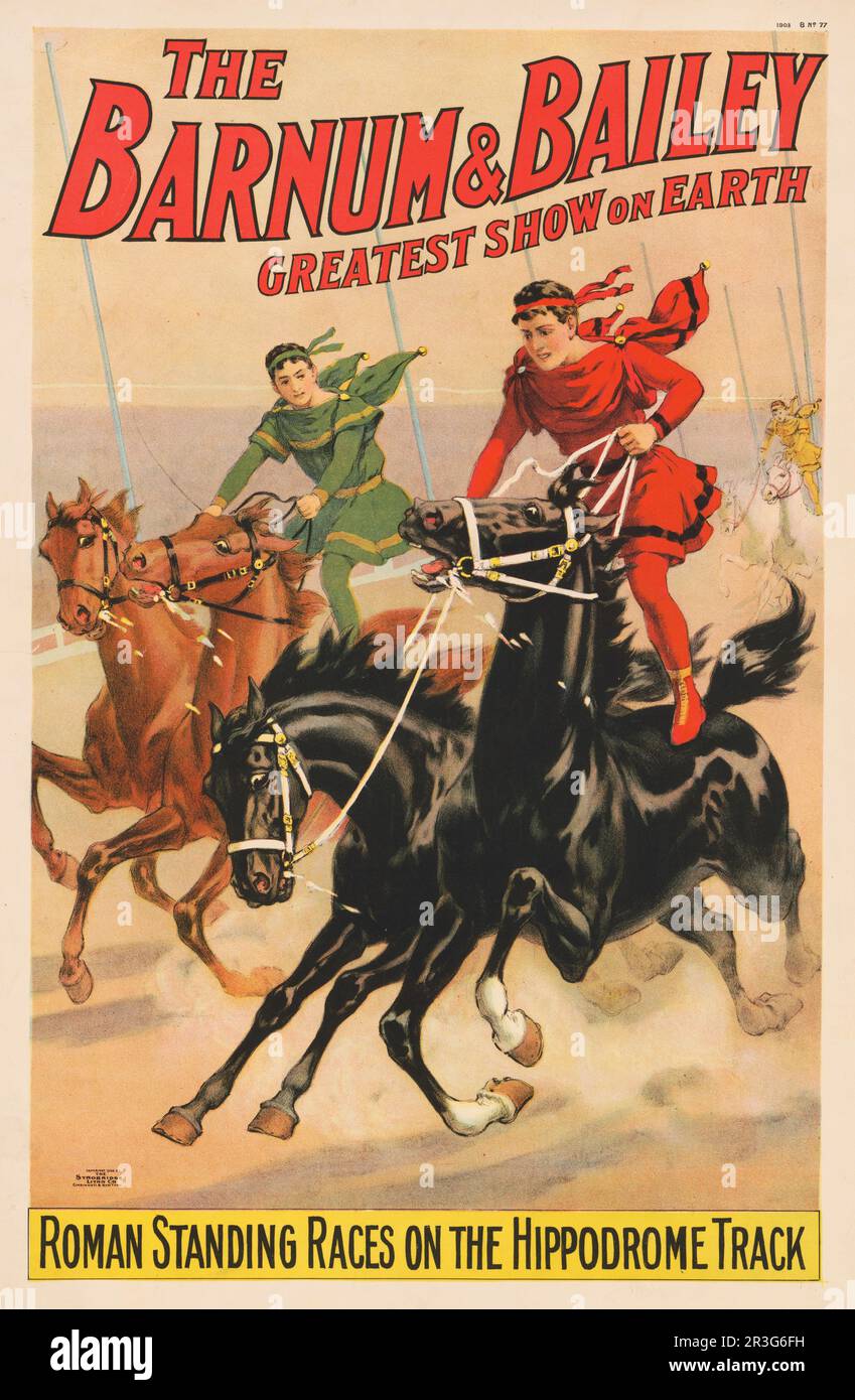 Affiche de cirque vintage Barnum & Bailey montrant des courses avec chaque homme à cheval sur deux chevaux, vers 1900. Banque D'Images