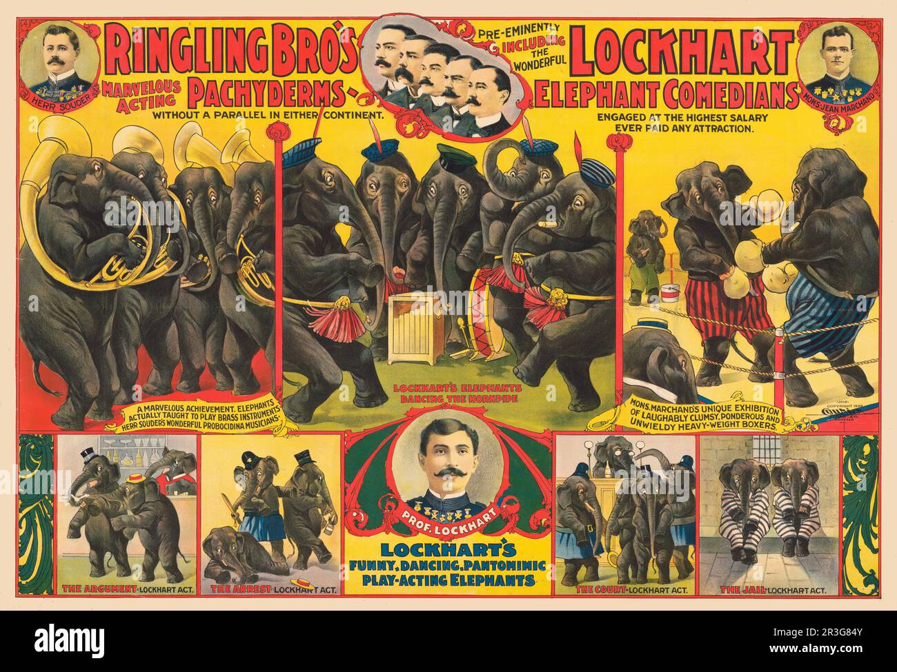 Affiche de cirque vintage Ringling Brothers montrant des éléphants en spectacle, vers 1899. Banque D'Images