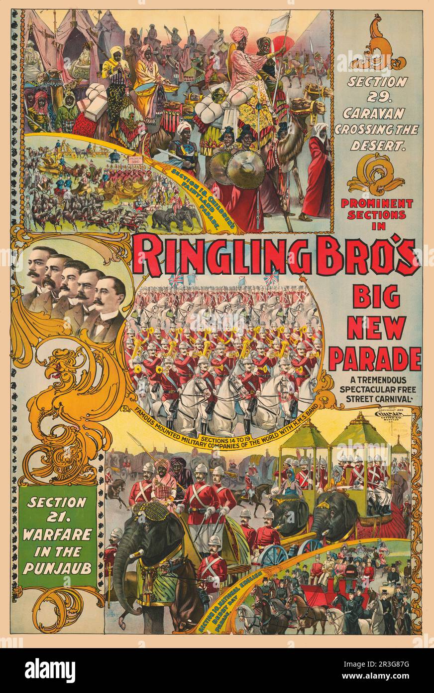 Affiche de cirque vintage Ringling Brothers montrant cinq défilés séparés, vers 1899. Banque D'Images