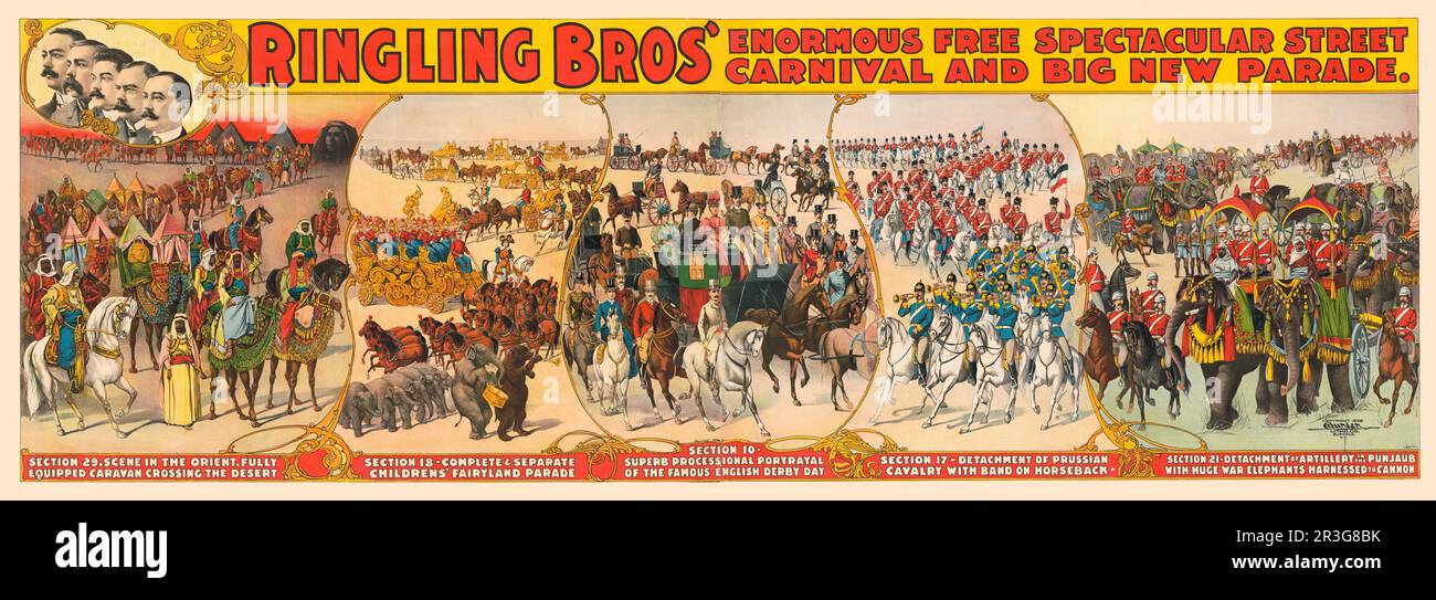 Vintage Ringling Brothers énorme libre spectaculaire carnaval de rue et grand nouveau défilé, vers 1898. Banque D'Images