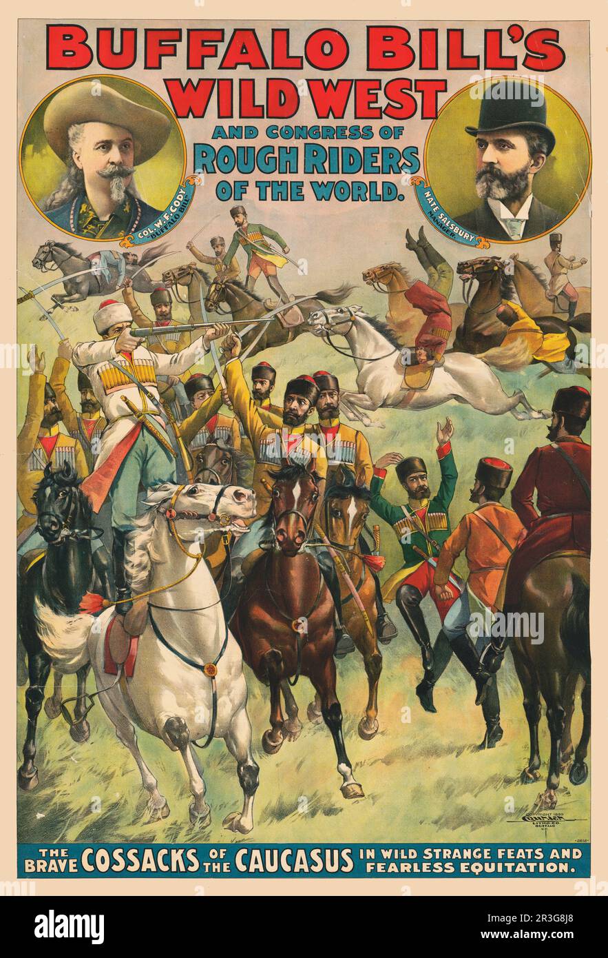 Affiche vintage des cosaques en bataille à cheval, avec des portraits de Buffalo Bill et Nate Salsbury, vers 1899. Banque D'Images