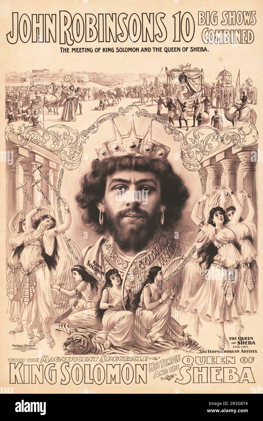 Affiche de cirque vintage montrant un grand portrait de buste du roi Salomon entouré de filles dansantes, vers 1899. Banque D'Images