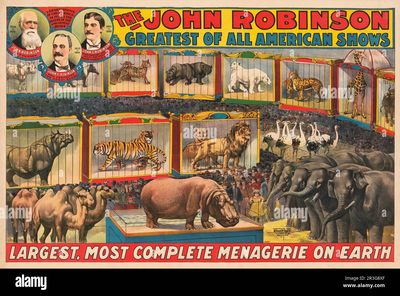 La Ménagerie la plus grande et la plus complète de John Robinson sur Terre, affiche de cirque d'époque, vers 1898. Banque D'Images