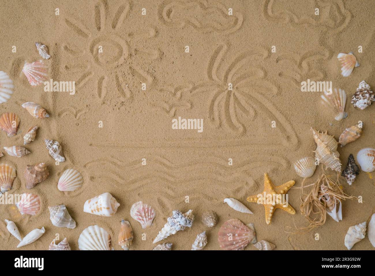 Composition avec soleil de palmier peint sur des coquillages de sable, galets, maquette sur fond de sable. Vierge, vue de dessus, durée de vie fixe, plat. Banque D'Images