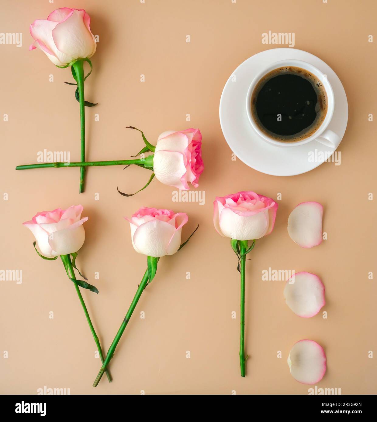 Mot AMOUR fait de fleurs roses rose tendre et tasse de café sur fond beige. Concept d'amour. Pose à plat. Composition minimale. ROM Banque D'Images
