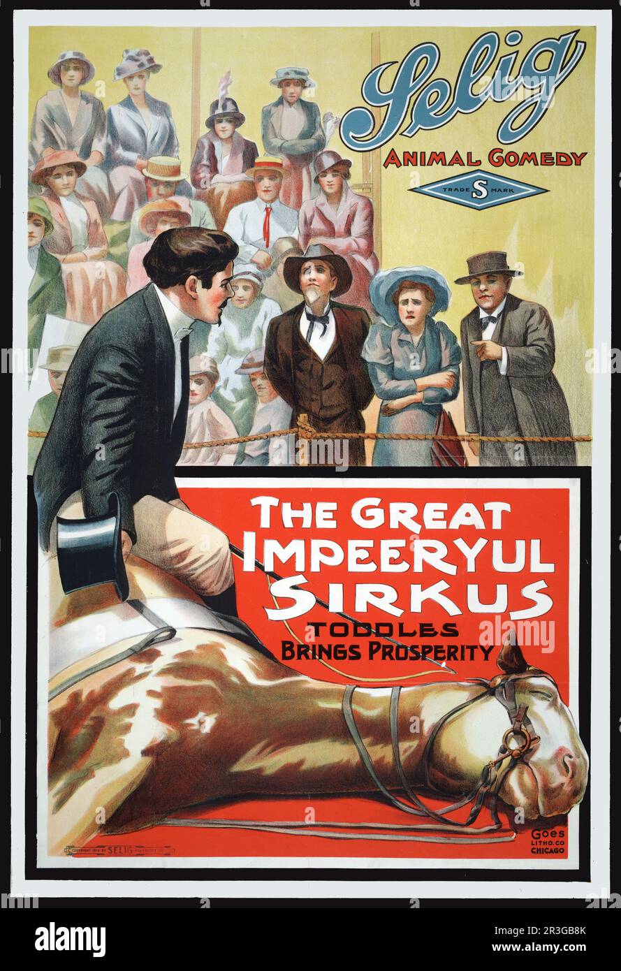 Affiche de cinéma pour la Grande Impeeryul Sirkus, montrant un maître de sonnerie assis sur un cheval avec des spectateurs regardant. Banque D'Images