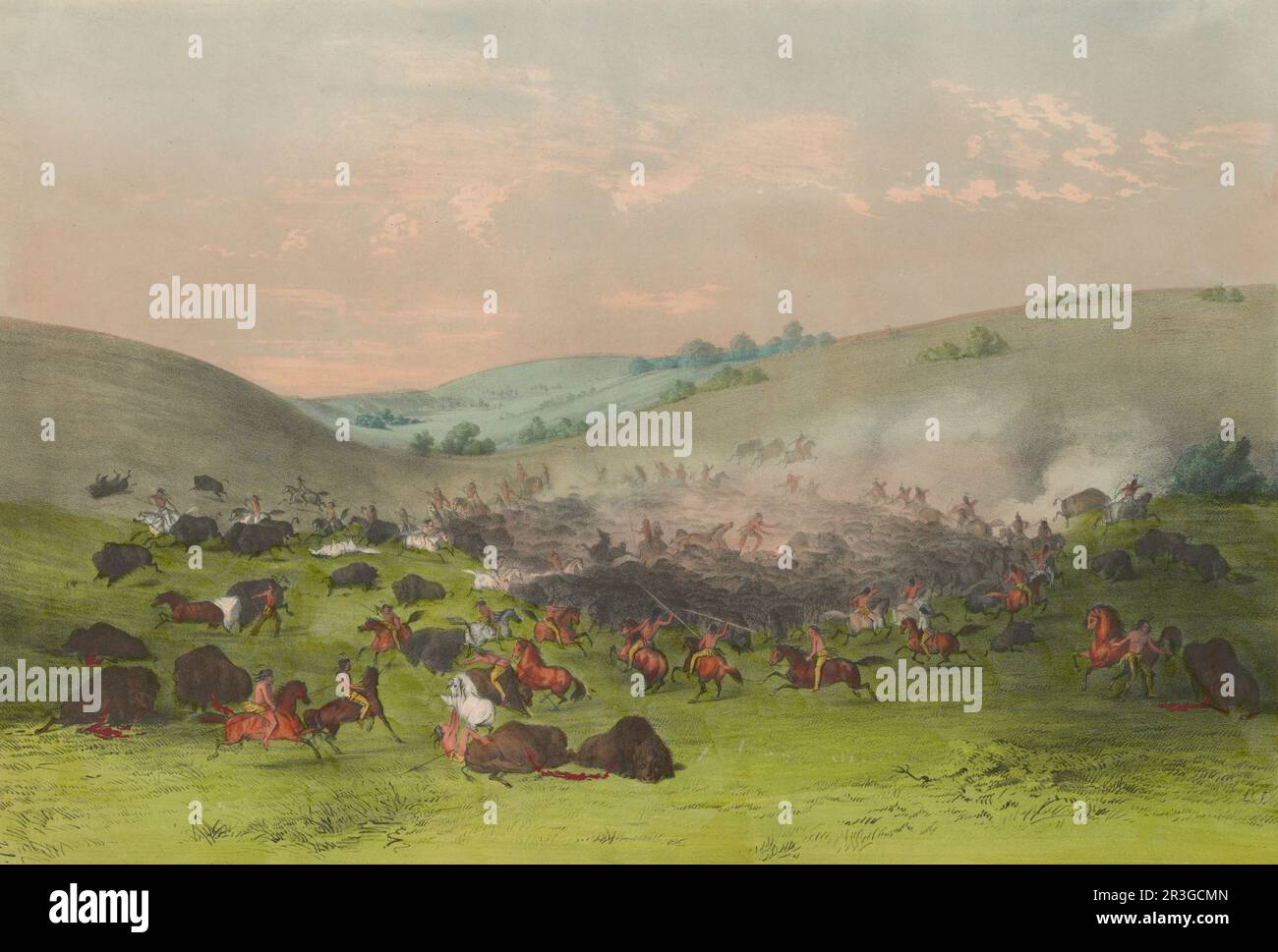 La chasse au bison. Les Indiens d'Amérique sur le bison de chasse à cheval, vers 1858. Banque D'Images