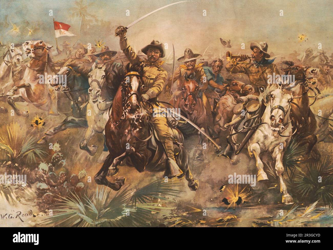 Teddy Roosevelt avec son régiment de Rough Riders. Banque D'Images