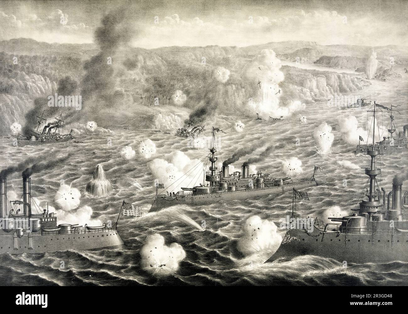 Destruction de la flotte espagnole de l'amiral Pascual Cervera au large de Santiago de Cuba pendant la guerre espagnole américaine, 1898. Banque D'Images