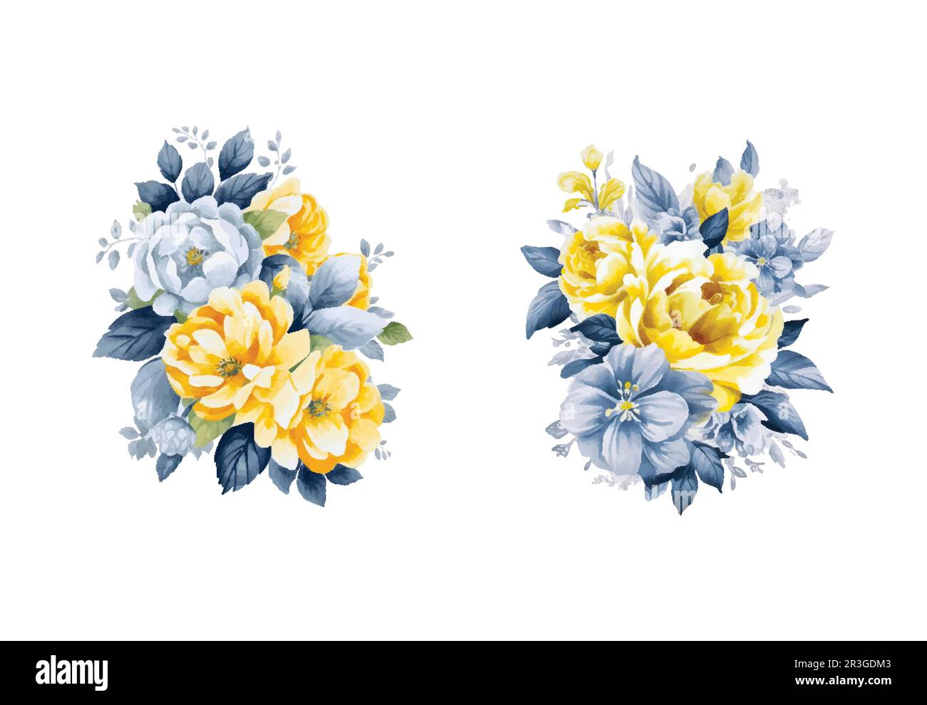 Ensemble de fleurs jaune et bleu aquarelle, vecteur vintage Illustration de Vecteur