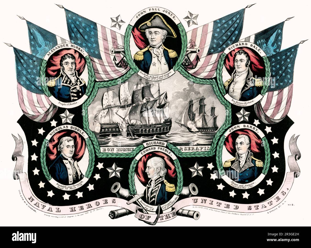 Portraits d'officiers de la marine américaine de la guerre d'indépendance entourant un vignetage d'une bataille navale. Banque D'Images