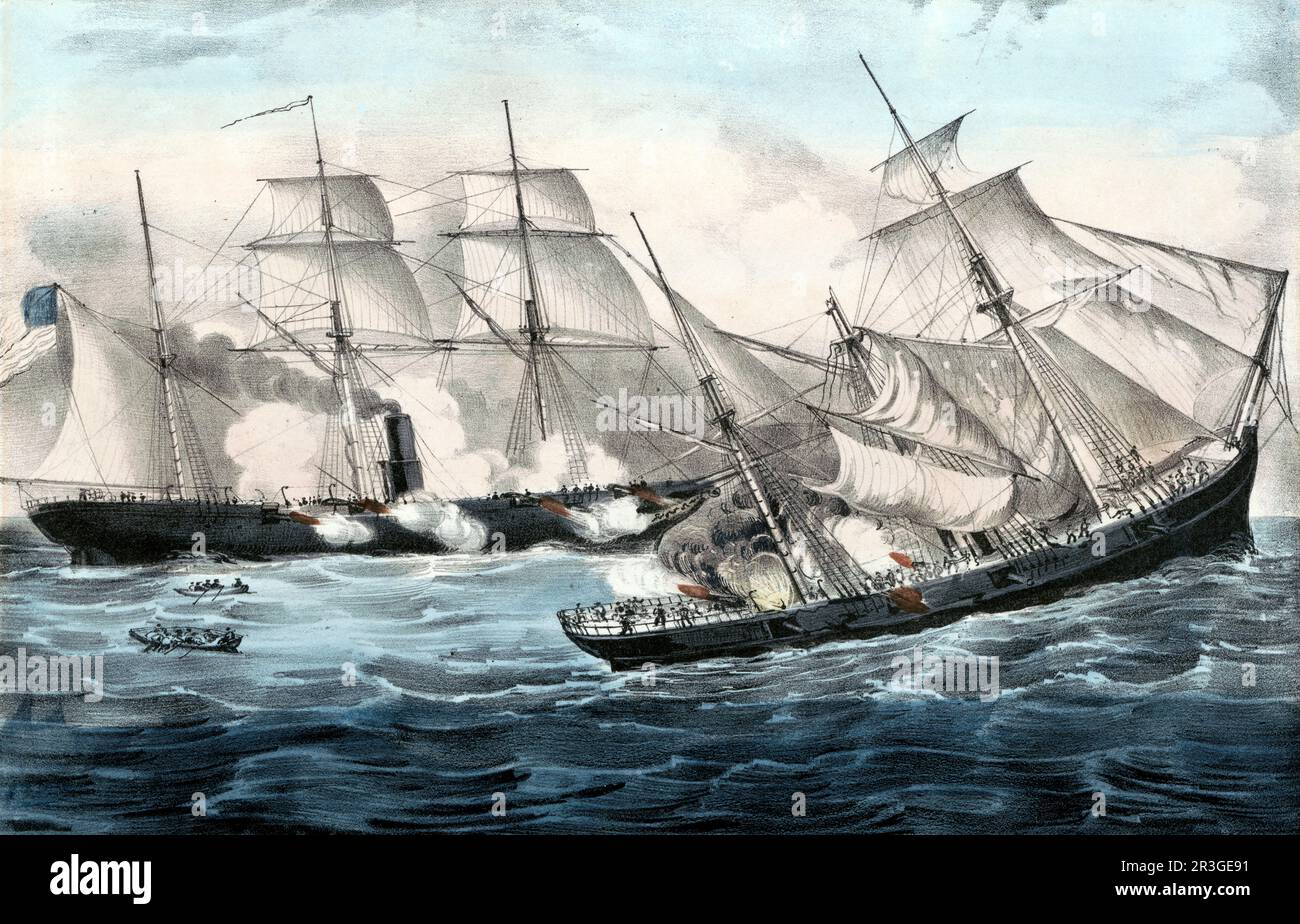 19 juin 1864 - États-Unis Boucle de guerre de la Marine USS Kearsarge naufrage CSS Alabama au large de Cherbourg France. Banque D'Images