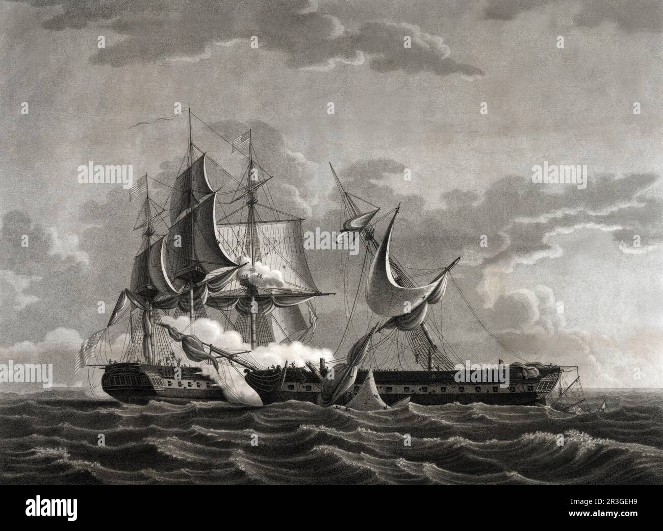 USS Constitution tirant sur l'épave du navire britannique HMS Guerriere pendant la guerre de 1812. Banque D'Images