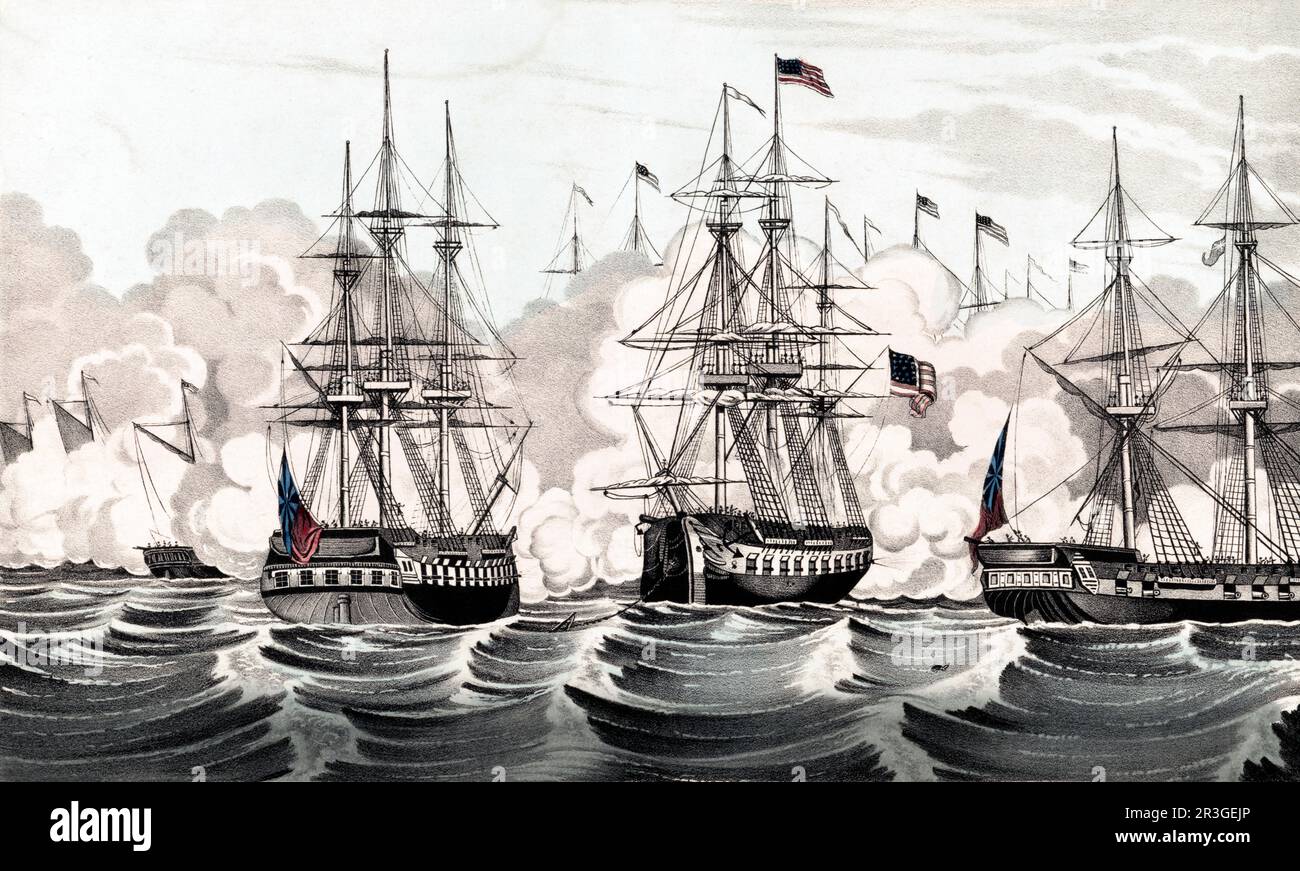 Un navire de guerre américain entre deux navires britanniques à la bataille du lac Champlain pendant la guerre de 1812. Banque D'Images