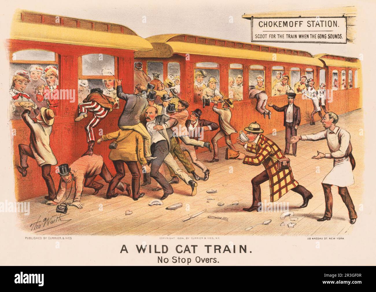 Illustration d'un dessin animé vintage montrant des gens qui se bousculent pour prendre le train à la gare de Chokemoff. Banque D'Images