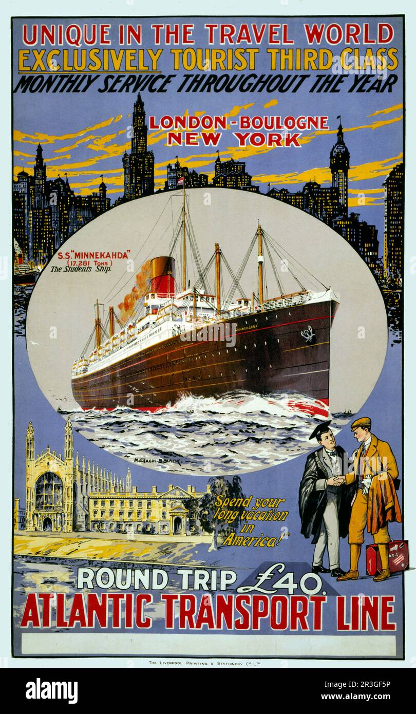 Affiche de voyage vintage montrant un bateau de croisière, l'horizon de New York et une rue de Londres, vers 1920. Banque D'Images