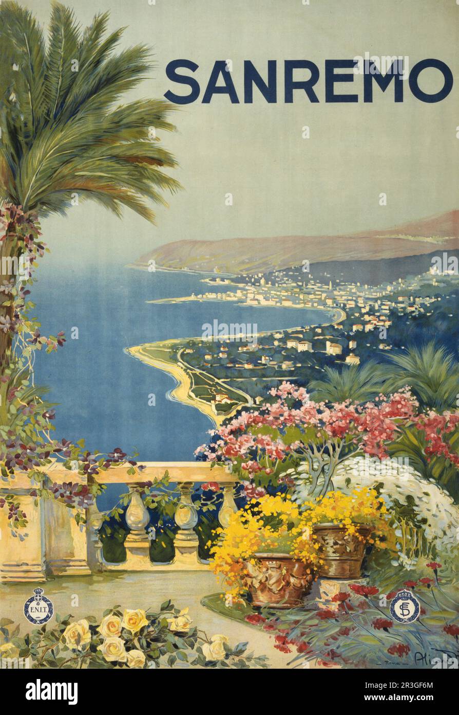 Affiche de voyage vintage montrant le littoral de San Remo depuis une terrasse, vers 1920. Banque D'Images