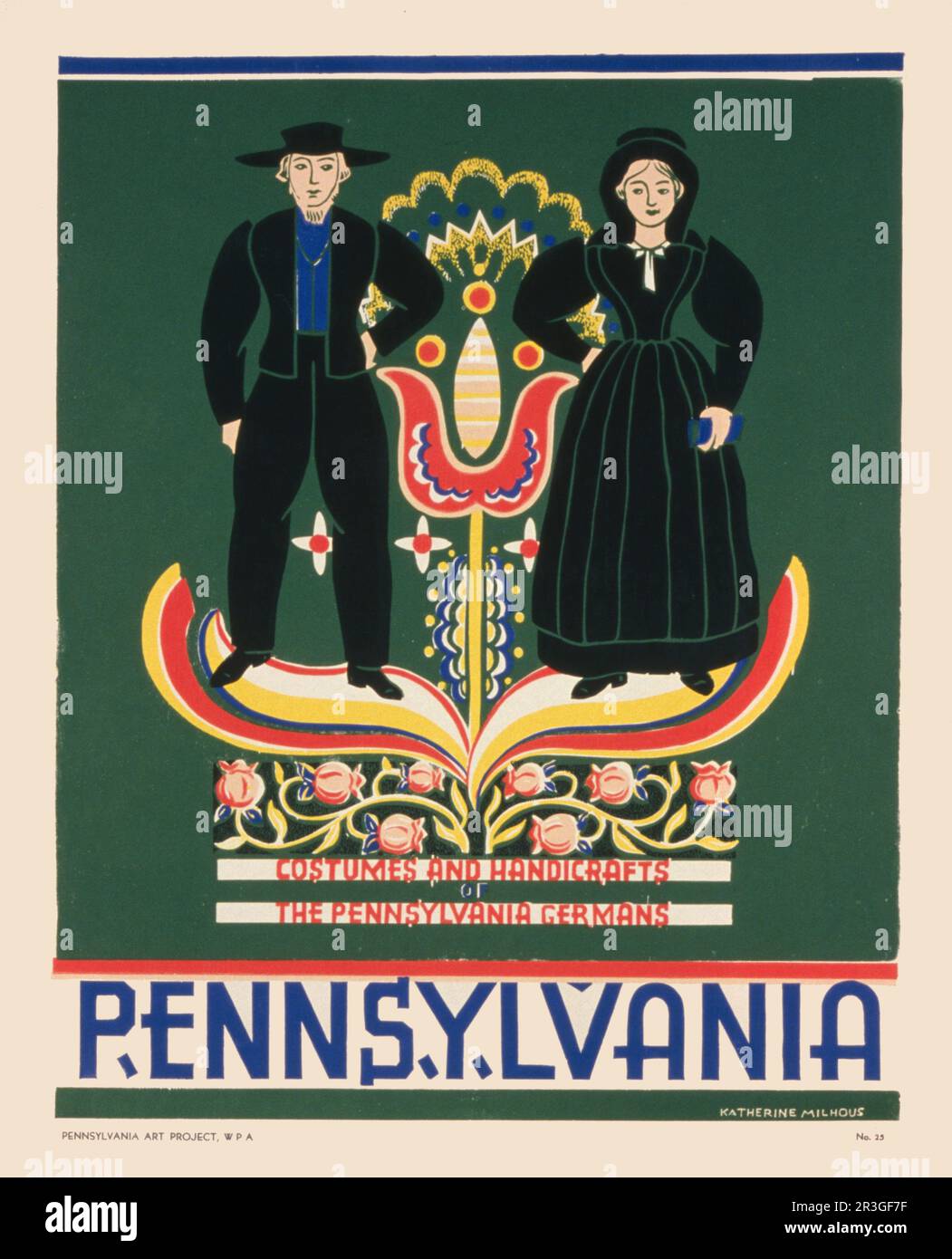 Affiche de voyage vintage 1936 faisant la promotion du comté de Lancaster, en Pennsylvanie, montrant un couple Amish. Banque D'Images