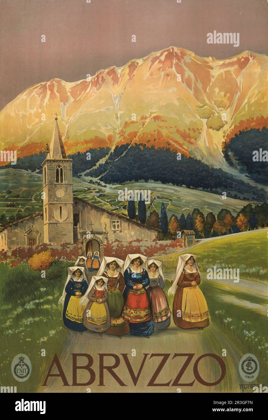 Abruzzes, Italie. Affiche de voyage vintage montrant un groupe de femmes quittant une église, vers 1920. Banque D'Images
