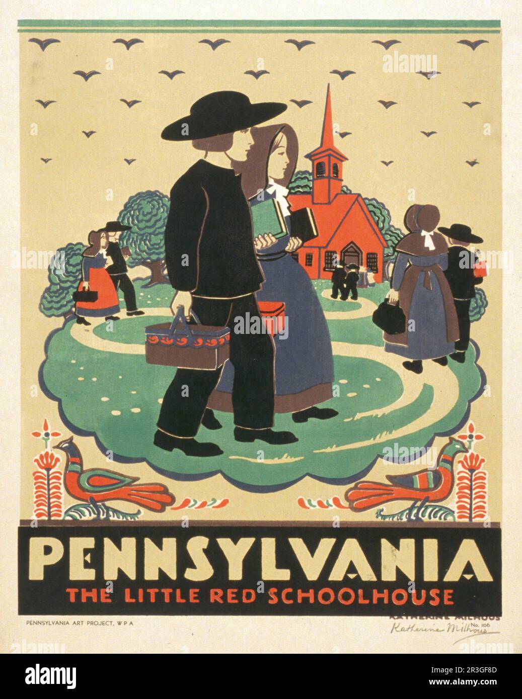 Affiche de voyage vintage 1936 faisant la promotion de la Pennsylvanie, montrant les enfants fréquentant l'école. Banque D'Images