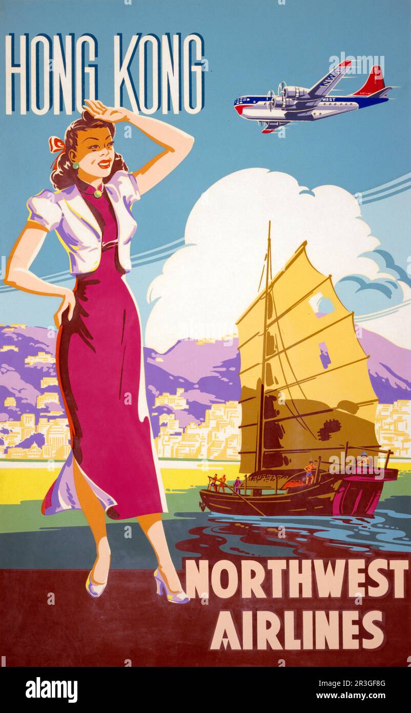 Affiche publicitaire vintage Northwest Airlines pour les vols à destination de Hong Kong, vers 1950. Banque D'Images